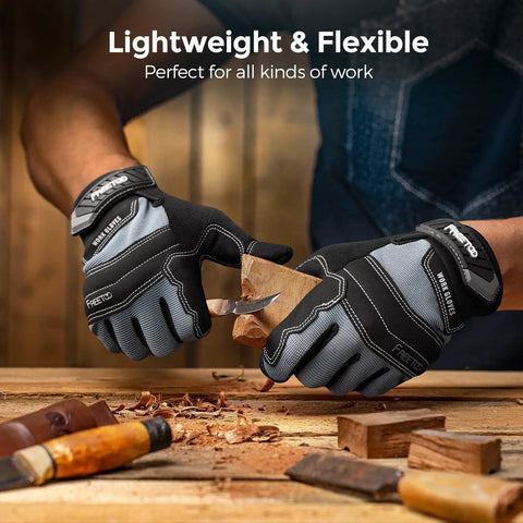 "Heavy Duty Mechanic Work Gloves With 8mm Padded Knuckles And Synthetic Leather Palm, used for wood carving, gray and black"