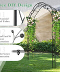 Heavy Duty Garden Arch Made From Galvanized Steel Arbor With Seven Size Options, Metal Flower Leaf Decoration, Outdoor Trellis For Climbing Plants Like Roses And Vines, Perfect For Backyard Decor Or Wedding Ceremony showing galvanized tubes, metal decoration, and screw connection.