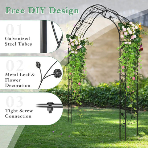 Heavy Duty Garden Arch Made From Galvanized Steel Arbor With Seven Size Options, Metal Flower Leaf Decoration, Outdoor Trellis For Climbing Plants Like Roses And Vines, Perfect For Backyard Decor Or Wedding Ceremony showing galvanized tubes, metal decoration, and screw connection.