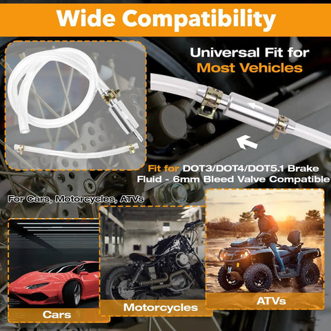 Air Free Universal Brake Bleeder Hose Kit With No Air Backflow One Way Valve For Quick Bleed Of Car And Motorcycle Clutch Systems 6mm Line Fits DOT3 DOT4 DOT5 1 Hydraulic Fluids Everyday Use shown in packaging with compatibility visuals for cars, motorcycles, ATVs