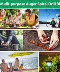 Collage with gardening, beach, and planting scenes related to Fast Planting Auger Drill Bit Set for Garden 4 Pack Spiral Bits