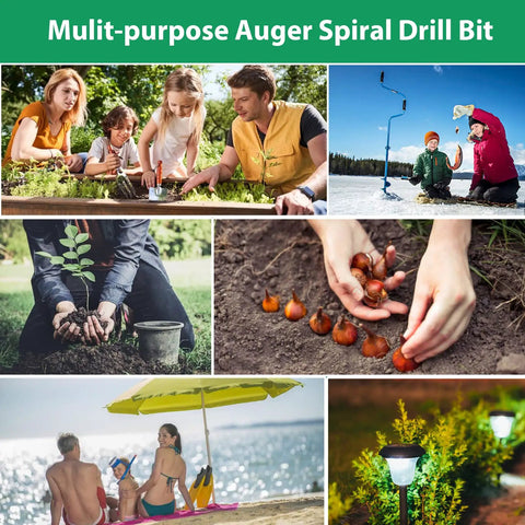 Collage with gardening, beach, and planting scenes related to Fast Planting Auger Drill Bit Set for Garden 4 Pack Spiral Bits