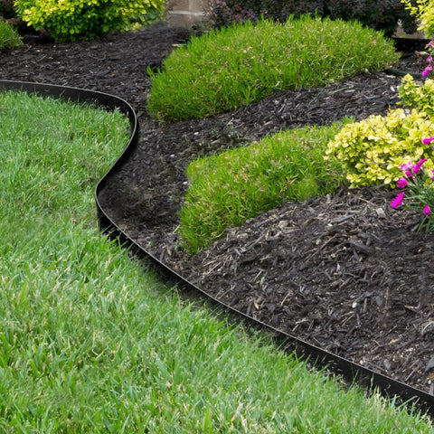 10 Pack Galvanized Steel Landscape Edging 4.5 Inch High Black Powder Coated Bendable Hammer In Border dividing lawn and mulch.