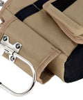 Close-up of Pro Tool Belt With Comfort Rig Tan and Black, heavy-duty polyester, showing metal hook and pocket seam detail.