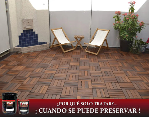 Heavy Hitter Oil Based Wood Preservative And Exterior Stain In Warm Pecan Hue used on a wooden deck in a patio setting.