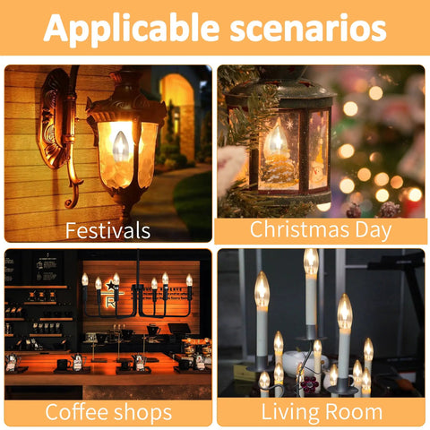 Flicker Flame E12 Base Candelabra Bulbs C35 Flame Tip Crystal Clear Glass with orange glow for various decor scenarios