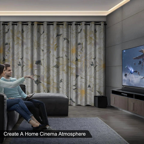 Beige and gold floral blackout curtains in living room creating home cinema atmosphere, thermal soundproof window drapes installed