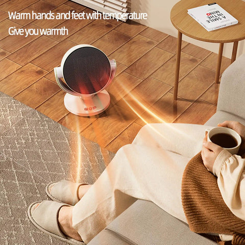 Electric Space Heater And 2 In 1 Fan Combo 1200W Portable Desk Heater warming room with person holding a cup on couch