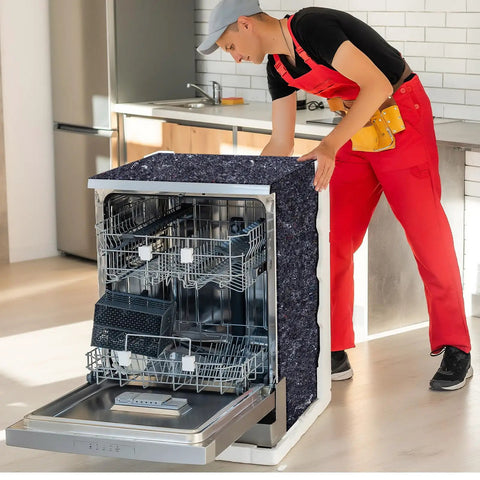 Rock Solid Thermal Dishwasher And Lowkey Quiet Pipe Insulation Wraps Matte Grey Foam Roll 24 By 60 Inch being installed around a dishwasher.