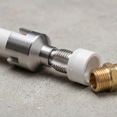 Dual-Function Pipe Threader For 1/2 Inch And 3/4 Inch Plastic Pipes, Portable 4-Piece Set For Internal And External Threading, Carbon Steel Construction, Ideal For Quick DIY Home Plumbing Repairs. Threading 1/2-inch plastic pipe with metal and brass fittings.