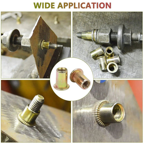 Badass M6 Rivet Nuts Flat Head Threaded Inserts Knurled Zinc Plated Carbon Steel Metric Nutserts displayed in various applications.