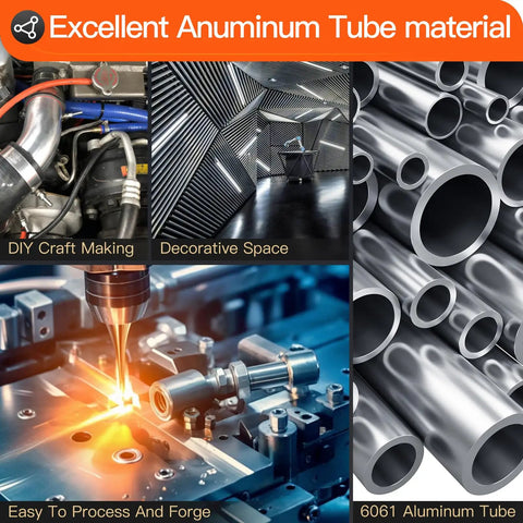Collage showcasing 6061 Aluminum Tubing 1-1/2 Inch Outer Diameter 1-1/4 Inch Inner Diameter 13 Inch Length Seamless Round Tube 3mm Wall