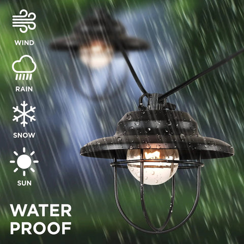 10 Foot Black Rustic Farmhouse LED String Lights for Patio With Metal Cage Shade Weatherproof Outdoor Hanging Lights in rain