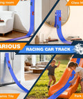 Dual Side By Side 15 Foot Flexible Race Track Set For Kids With Reinforced Suction Cup Flex Tracks on various surfaces