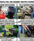 Versatile fuel line assembly in use: marine applications, RV camping, lawn care, and automotive use with boat fuel line with bulb primer pump.