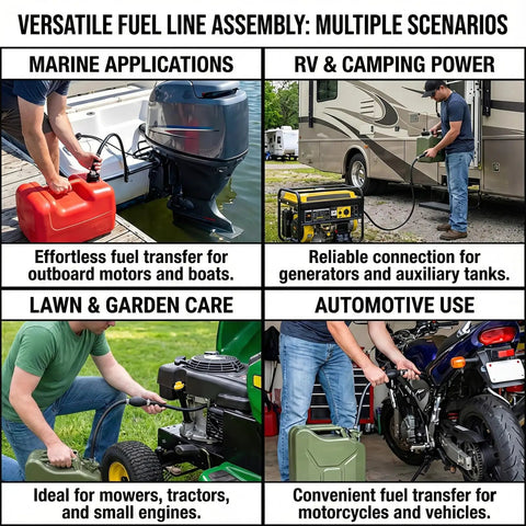Versatile fuel line assembly in use: marine applications, RV camping, lawn care, and automotive use with boat fuel line with bulb primer pump.