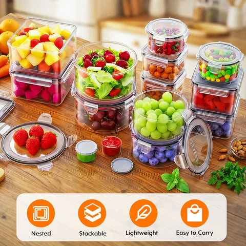 50 Piece Food Storage Set With Lids For Kitchen Organization And Meal Prep Reusable BPA Free Plastic Containers on a countertop