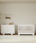 Modern nursery with Modo 3 In 1 Baby Crib That Converts To Toddler Bed And Daybed Includes Toddler Conversion Kit Solid Wood Crib in white.