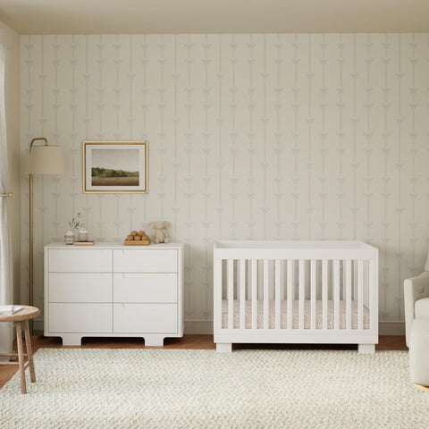 Modern nursery with Modo 3 In 1 Baby Crib That Converts To Toddler Bed And Daybed Includes Toddler Conversion Kit Solid Wood Crib in white.