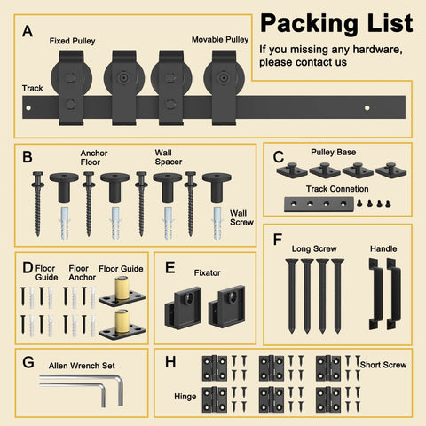Packing list for 64-Inch Bifold Barn Door Hardware Kit For Four 15-Inch Doors Heavy Duty Five Point Three Foot Bi-Fold System