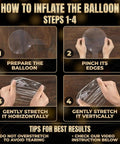 Four-step guide showing how to inflate a balloon, featuring hands manipulating a clear balloon. Text provides tips and instructions.
