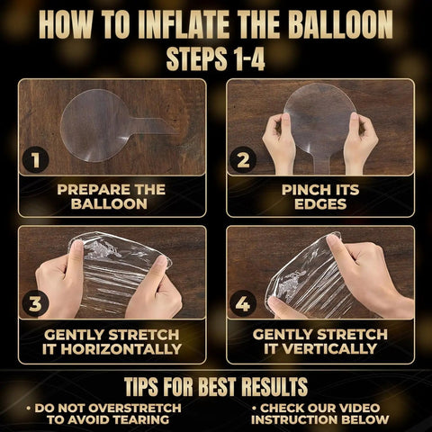 Four-step guide showing how to inflate a balloon, featuring hands manipulating a clear balloon. Text provides tips and instructions.