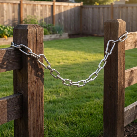 Stainless Steel Chain Gate Latch with Dual Carabiner Ends securing a wooden fence in a grassy backyard.