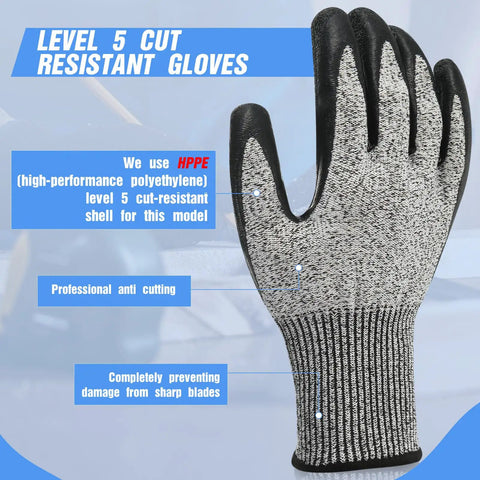 Level 5 Cut Resistant Gloves Set, 18 Pairs Lightweight Protective Work Gloves With PU Coated Palms, HPPE Shell