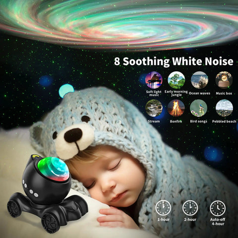 Child asleep under nebula light from Galaxy Projector 5 In 1 Nebula Aurora Light With Built In Bluetooth Speaker White Noise Night Light.