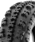 Close-up of Knobby Sport ATV UTV Tires 22x7-10 Tubeless A027 6 Ply Set Of 2, showing tread pattern for rough tracks