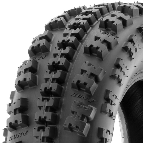 Close-up of knobby tread on Set Of 4 ATV UTV Knobby Sport Tires Front 21x7-10 Rear 20x11-9 6 Ply Tubeless A027 for rugged trails