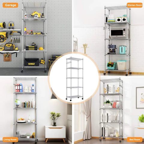 Five-Tier Heavy Duty Wire Shelving Rack For Garage, Pantry, And Kitchen With Adjustable Metal Shelves And Side Hooks, Rust-Resistant Carbon Steel, Silver, 14 Inch Deep By 24 Inch Wide By 71 Inch High