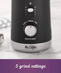 Automatic Coffee Grinder With Five Presets And Twelve Cup Capacity For Home Use Hands Free Grinding Easy Clean Chamber Grinds Like A Pro From Fine To Coarse For Espresso Lovers, close-up of dial and settings