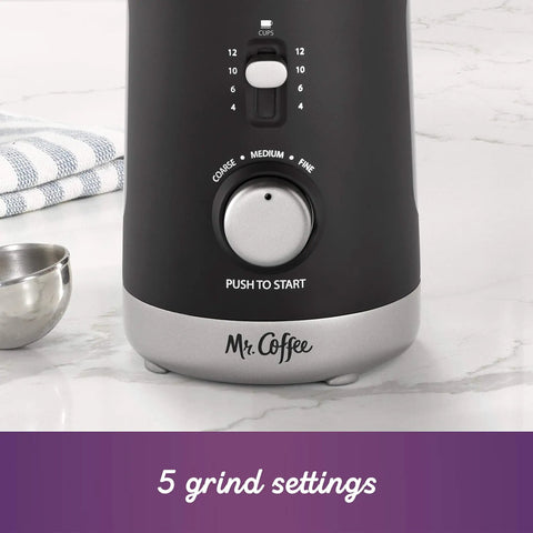 Automatic Coffee Grinder With Five Presets And Twelve Cup Capacity For Home Use Hands Free Grinding Easy Clean Chamber Grinds Like A Pro From Fine To Coarse For Espresso Lovers, close-up of dial and settings