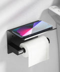 Black Toilet Paper Holder With Shelf And Phone Shelf Self Adhesive No Drill Wall Mount Stainless Steel Front Folding Design