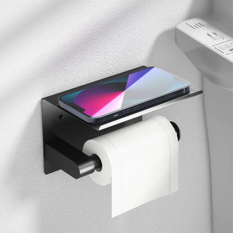 Black Toilet Paper Holder With Shelf And Phone Shelf Self Adhesive No Drill Wall Mount Stainless Steel Front Folding Design
