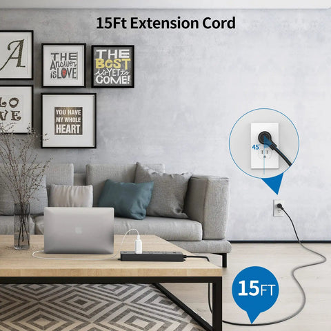 Living room setup with 15ft Flat Plug Power Strip Surge Protector With 6 Outlets And 2 USB Ports, 1080 Joules, plugged into wall.