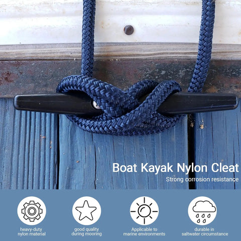 Nylon Boat Cleat 4 Pack 4 Inch Black Marine Cleats with stainless steel screws securing blue rope on dock in saltwater.