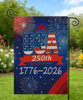 250th Anniversary USA Garden Flag Outdoor Double Sided Fireworks Design 1776 2026 All American Patriotic Yard Decor 12x18 Inch Waterproof Burlap Flag For Outdoor Use And Holiday Celebrations, featuring USA text and fireworks against a garden backdrop.