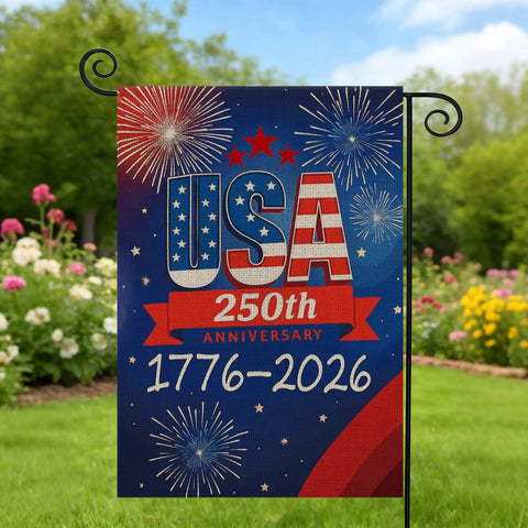 250th Anniversary USA Garden Flag Outdoor Double Sided Fireworks Design 1776 2026 All American Patriotic Yard Decor 12x18 Inch Waterproof Burlap Flag For Outdoor Use And Holiday Celebrations, featuring USA text and fireworks against a garden backdrop.