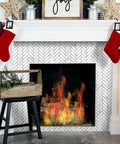 Peel And Stick Herringbone Kitchen Backsplash Tiles Self Adhesive Aluminum Composite PVC Marble White With Light Grey Veining around fireplace