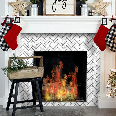 Peel And Stick Herringbone Kitchen Backsplash Tiles Self Adhesive Aluminum Composite PVC Marble White With Light Grey Veining around fireplace
