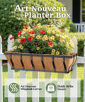 Art Nouveau planter box with flowers on fence, featuring whiplash curves, coco liner, holds 40 lbs securely.
