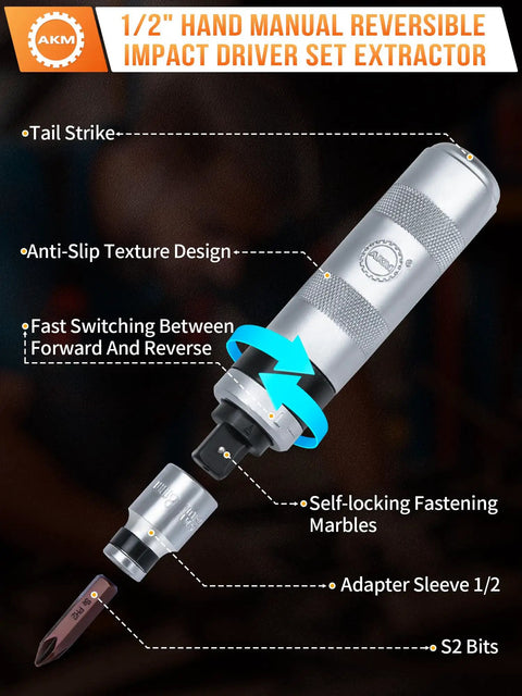 1/2 Inch Manual Reversible Impact Driver Set With Extractor Bits 12 Piece S2 Steel showing features and design