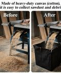 Before and after images showing Heavy Duty Table Saw Dust Collector Bag With Twelve Snap Locks capturing sawdust and debris.