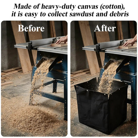 Before and after images showing Heavy Duty Table Saw Dust Collector Bag With Twelve Snap Locks capturing sawdust and debris.