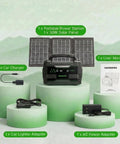 Ultra Lightweight Solar Generator 155Wh Kit With 30W Panel Portable Power Station With accessories displayed on pedestals