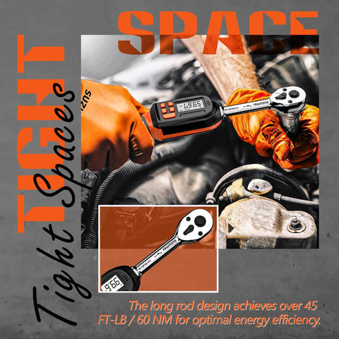 Digital Torque Wrench Three Eighths Inch Drive With Range From Four Point Nine To Ninety Nine Point Six Foot Pounds And Six Point Six To One Hundred Thirty Five Newton Meters Two Percent Accuracy Built For Pros And DIYers being used in tight spaces