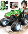 Rad Remote Control Monster Truck For Kids 4 5 6 7 8 9 Years Old With 360 Degree Stunts Dino Design Music Wireless LED Strobe Lights Two Batteries Green with glowing wheels and a kid holding remote.