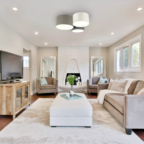 Three-Light Semi-Flush Drum Ceiling Light With Dimmable LED in modern living room with fabric shades in white, gray, cappuccino